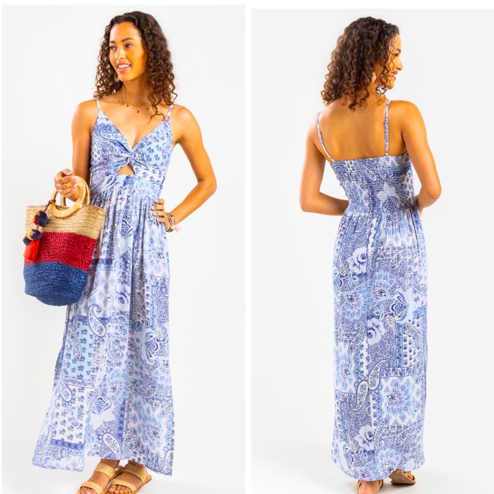 Blue Paisley Floral Front Twist Cutout Maxi Dress